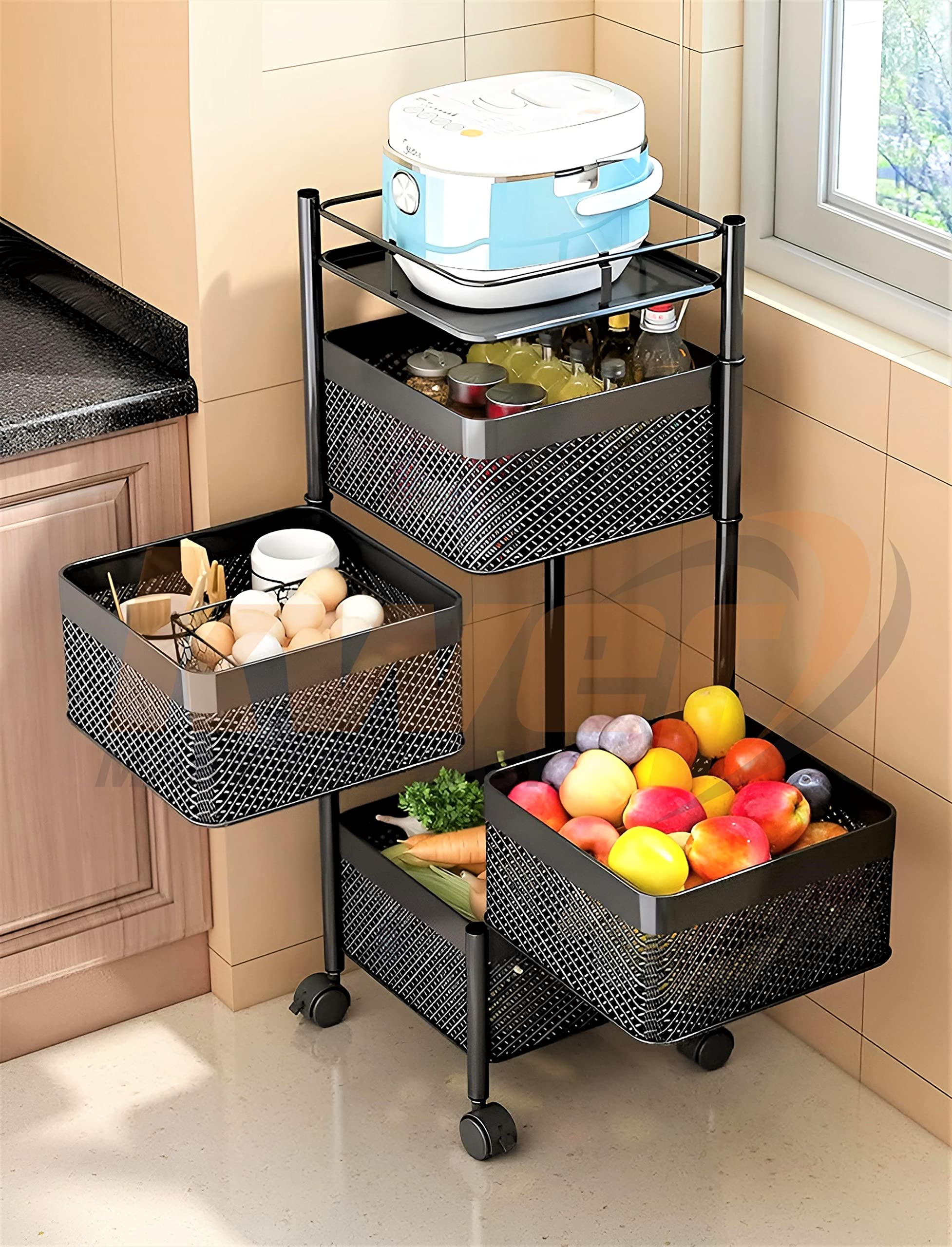 KWER Kitchen Trolley Square Onion Baskets for Storage Layer-3 Kitchen Accessories Items and Vegetable Basket for Kitchen Organiz